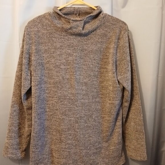 New Lightweight Fuzzy Cowl neck Sweater Top womens M Peachy Taupe Black crochet - Picture 2 of 7